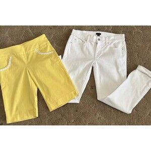 Lot Of 2 Ann Taylor White Denim Jeans Sz 4 Attyre Yellow Floral Long Shorts Sz 4